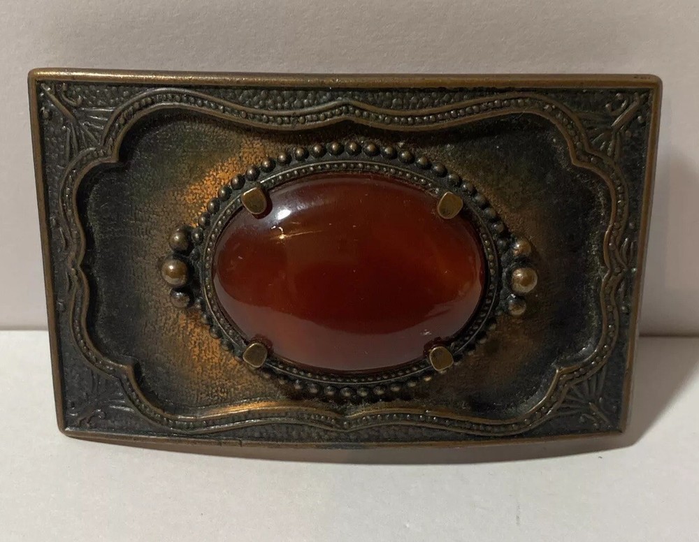 VTG Faux Gemstone Gold Stone Western Cowboy Buckle Copper Tone