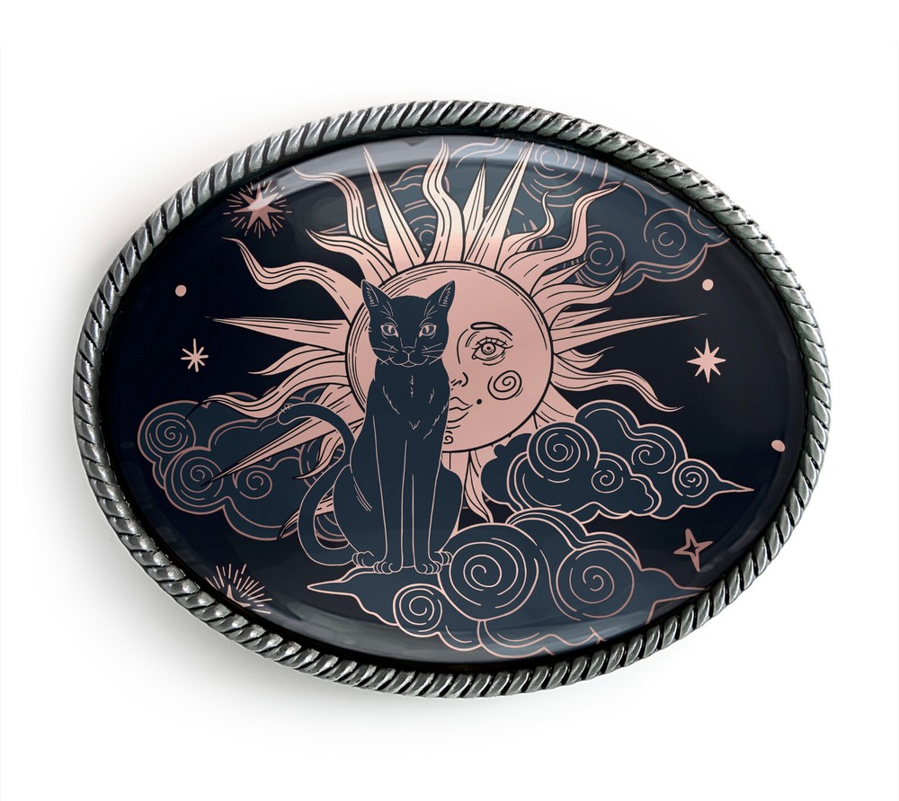 Mystic Cat Belt Buckle – Dark Celestial Sun Art Belt Buckle – 19