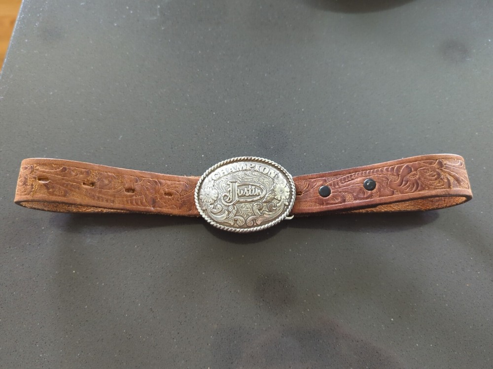 Justin Leather Belt Size 22 Brown Tooled Champion Buckle Western Rodeo 811BR GB3