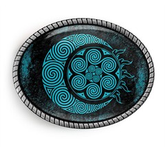 Celtic Grunge Belt Buckle – Blue Spiral Sun and Moon Mandala Belt Buckle – 638-2