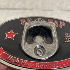 On Tap Belt Buckle Bottle Opener High Flier Beverage Black Red Silver
