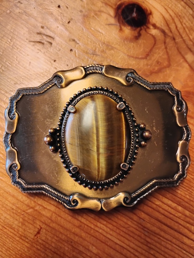 Vintage Western Tiger&rsquo;s Eye Stone Belt Buckle Gold Tone Ornate Cabochon