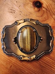 Vintage Western Tiger&rsquo;s Eye Stone Belt Buckle Gold Tone Ornate Cabochon