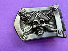 Pirate Skull Crossbones with Crossed Swords 3D Raised Silver Tone Belt Buckle