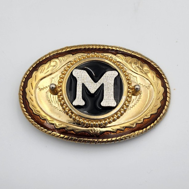 Western Style Gold Tone Oval Metal Belt Buckle with M Initial, Floral Pattern