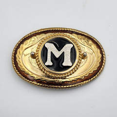 Western Style Gold Tone Oval Metal Belt Buckle with M Initial, Floral Pattern