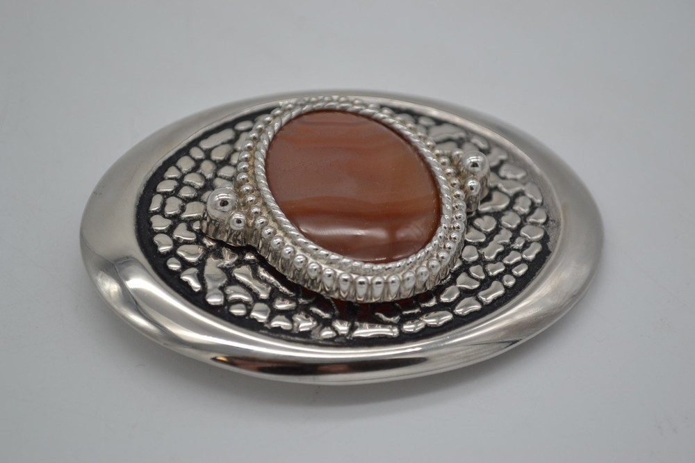 Agate Stone Belt Buckle 3.5 Inch Buckle Large Silver Made In USA Vintage