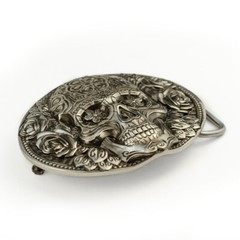 Santa Muerte german silver belt buckle, Skull El Día de Muertos belt buckle