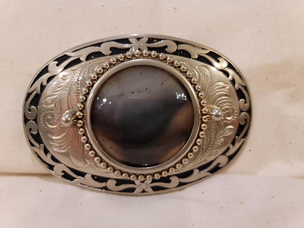 Silver & Black Oval Belt Buckle with Round Black Cabochon Stone