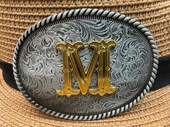 Western Cowboy Antique Engraved Initial M Rope Edge Oval Belt Buckle