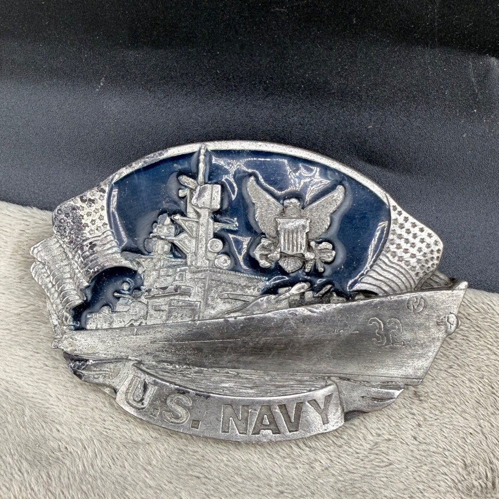 Vintage Bergomot Brass Works US Navy Belt Buckle Silver Tone Enamel