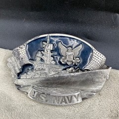 Vintage Bergomot Brass Works US Navy Belt Buckle Silver Tone Enamel