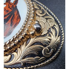 Vintage Brass Horse Head Belt Buckle with Porcelain Cameo 3.25&Prime; Western