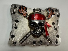 Raised Pirate Skull in Red Bandana Swords Gothic Punk Biker Vibe Belt Buckle
