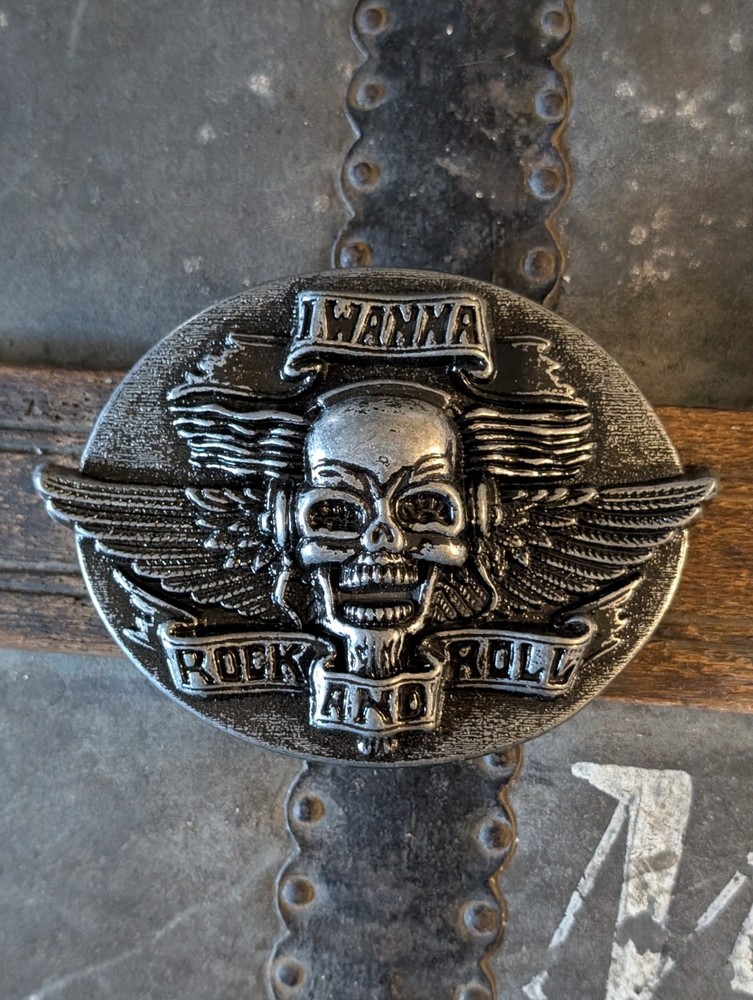 1990s I Wanna Rock And Roll Belt Buckle Skull & Wings 4.5&Prime; New w/o Tags