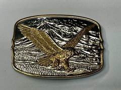 Vintage Soaring Patriotic USA Eagle Hawk w/ Mountains Belt Buckle 3.5” x 2.5”