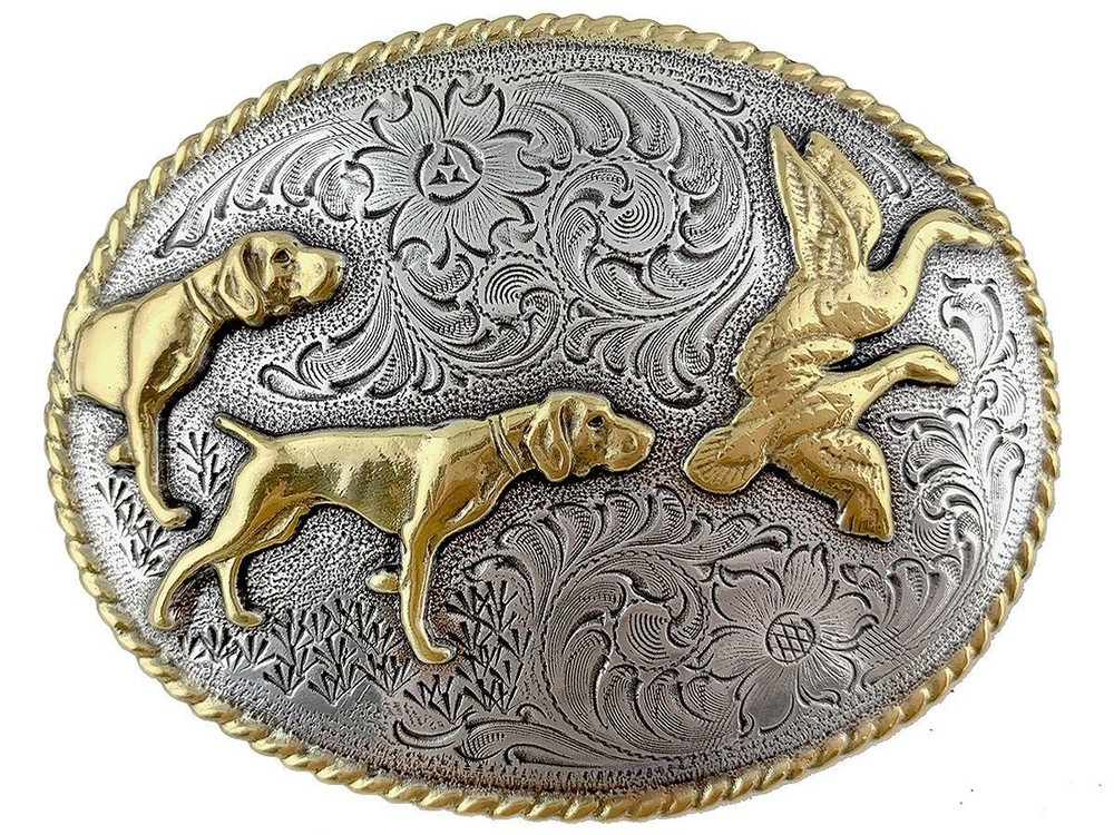 Dogs and Birds Hunting Trophy Western Style Silver and Gold Plate Belt Buckle