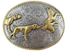 Dogs and Birds Hunting Trophy Western Style Silver and Gold Plate Belt Buckle