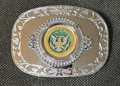 Silvertone Metal 4&Prime;x3&Prime; Buckle Features Coin Cut Kennedy Half Dollar (Back Side)
