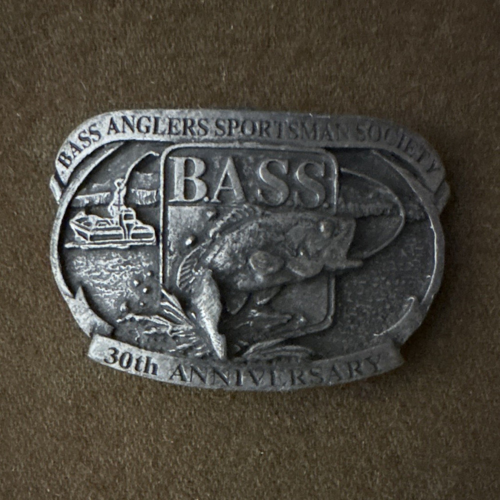 BASS 30th Anniversary Silver Metal Fish Western Oval Belt Buckle Fits 1.5 in