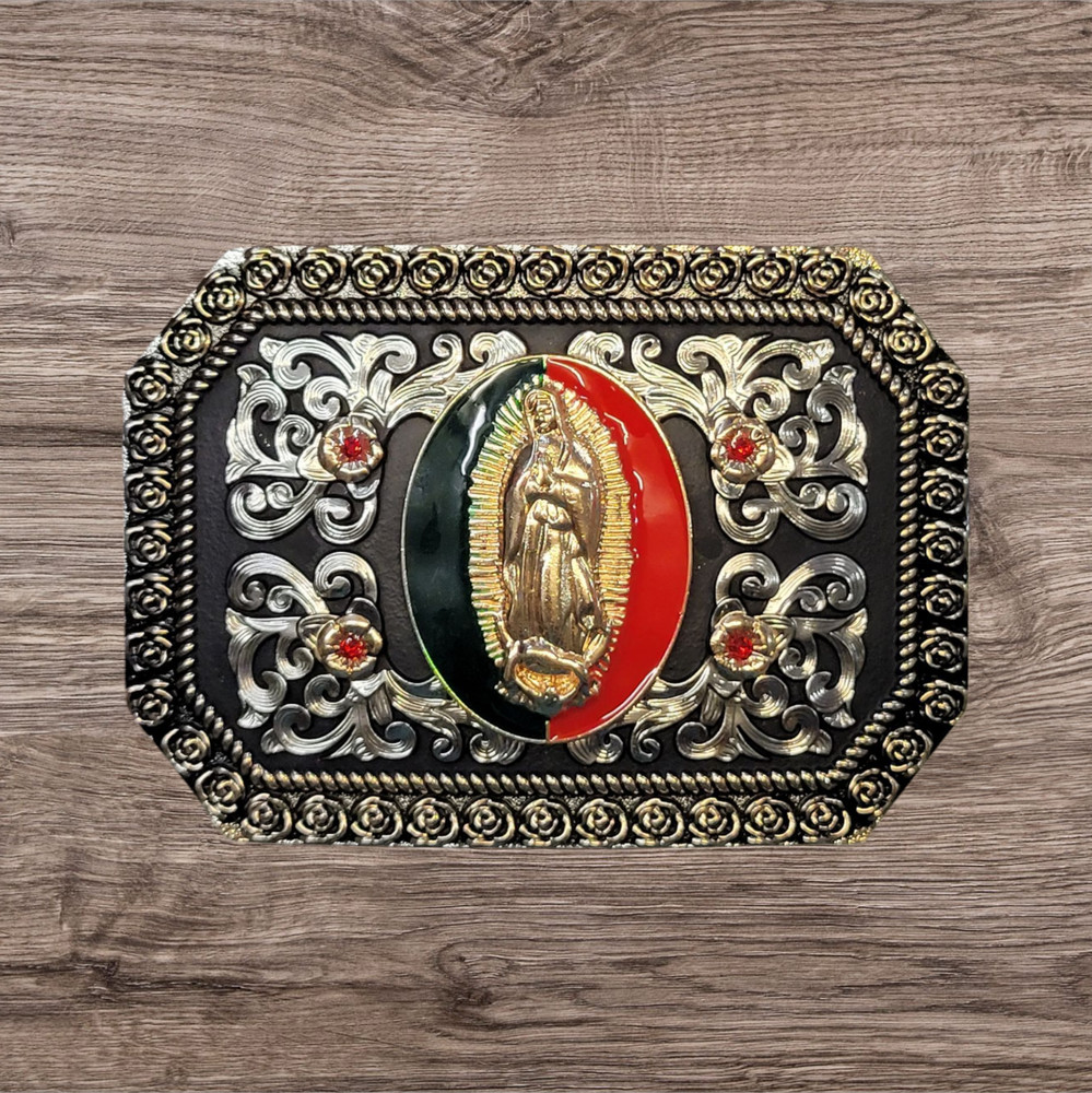 Cowboy Belt Buckle For Men Virgin Mary 4.25&Prime;x3&Prime; Gold Tone/Silver/Black