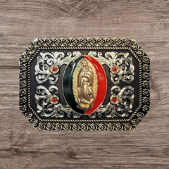 Cowboy Belt Buckle For Men Virgin Mary 4.25&Prime;x3&Prime; Gold Tone/Silver/Black