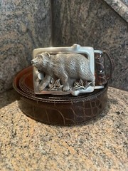 HUGE Kieselstein Sterling Grizzly Bear Buckle W/ Brown Alligator Belt Size 9