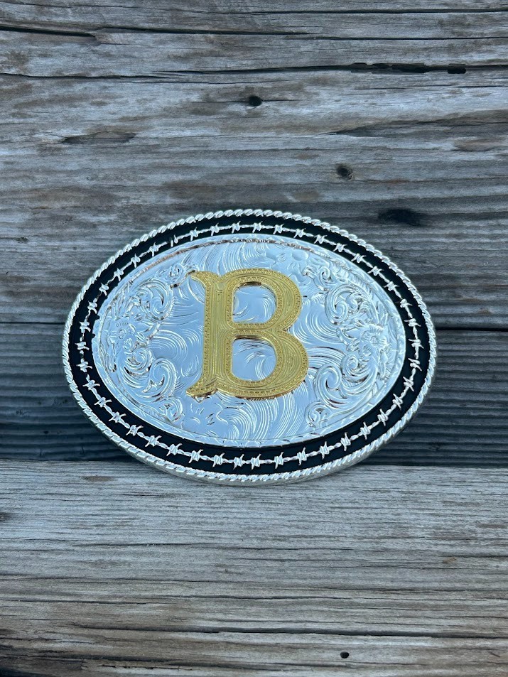 Western Style Matte Black and Silver Oval Shaped Gold Initial B Belt Buckle