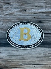 Western Style Matte Black and Silver Oval Shaped Gold Initial B Belt Buckle