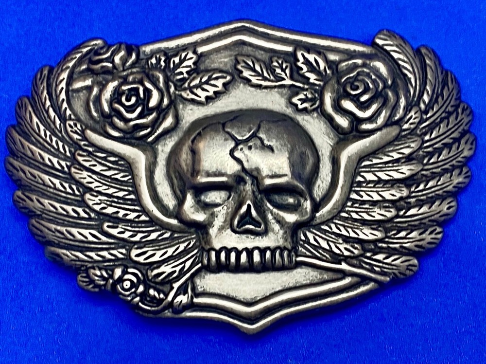 Skull With Wings Bones And Flowers Silver Color Metal Cutout Belt Buckle
