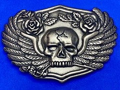 Skull With Wings Bones And Flowers Silver Color Metal Cutout Belt Buckle