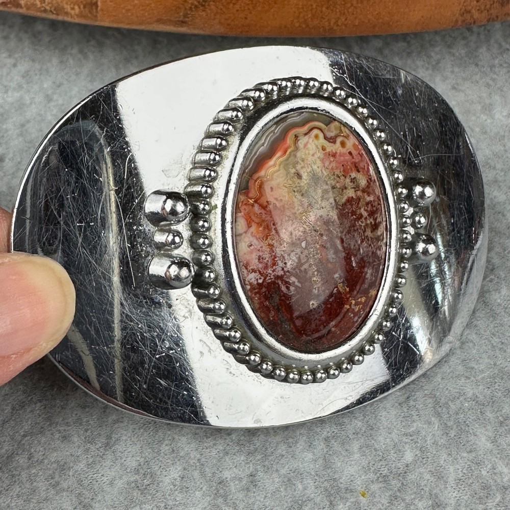 Vtg Style Red Lace Agate Silver Tone Oval Western Belt Buckle