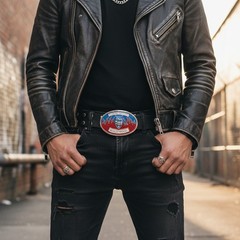 Men Women Silver Metal Buckle Hollywood Fireball Ministry Devil Fire Red Blue