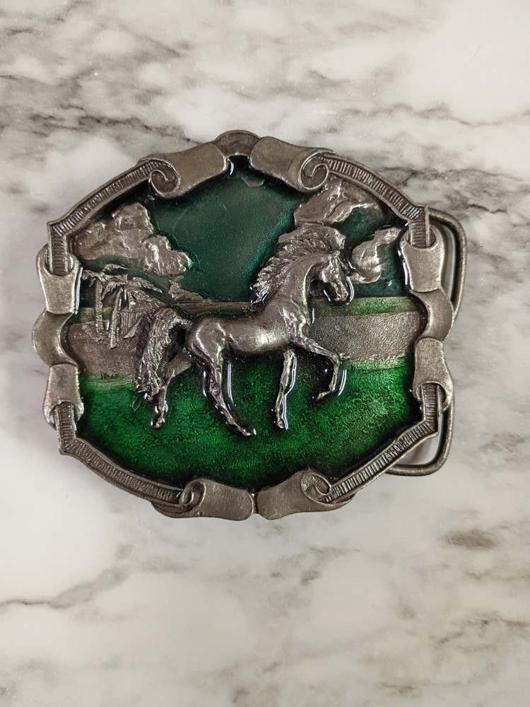 1976 Bergamot Brass Works Horse Western Belt Buckle Silver/Green 3inch
