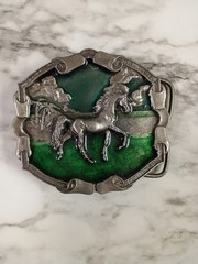1976 Bergamot Brass Works Horse Western Belt Buckle Silver/Green 3inch