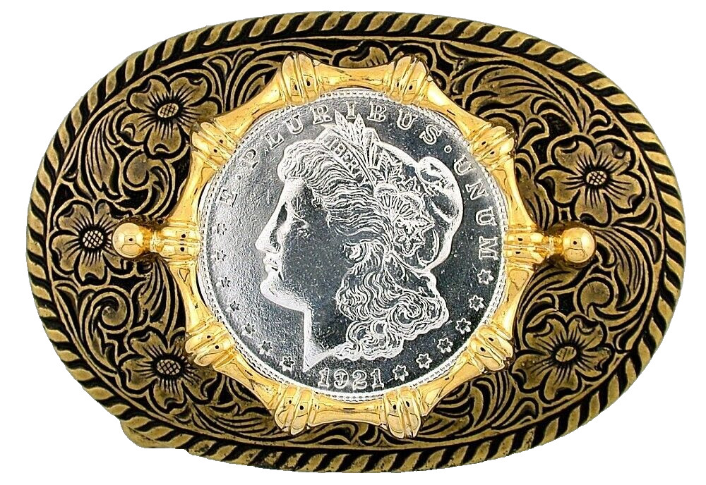 Gold Color Oval Western 1921 Morgan Silver Dollar Belt Buckle EPBB110/103023