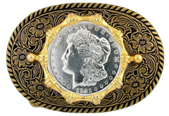Gold Color Oval Western 1921 Morgan Silver Dollar Belt Buckle EPBB110/103023