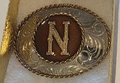 Vintage Metal Belt Buckle, Brass and Enamel, Letter N, Initial N Nice German