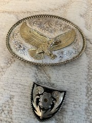 Montana Silversmiths Silver Plated Oval Flying Eagle Belt Buckle & Belt Tip/Cap