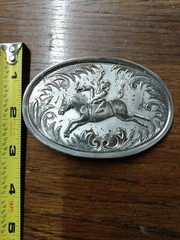 Western Style Silver Plated Belt Buckle- Horse & Rider (Stamped 1028) « LB »