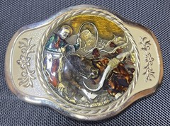 MBCI Belt Buckle Mens Gold Tone Western Cowboy Rodeo Roping Longhorn Enamel