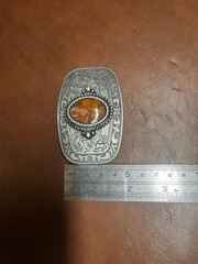 Boho Western Belt Buckle Jasper Stone Silver Tone Engraved Vintage- Rodeo