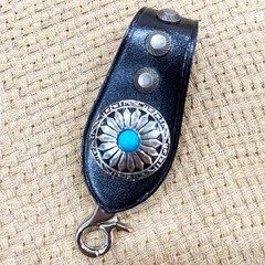 Western Leather Keychain, Turquoise Accent Cowhide Key Ring Clip Car Key Holder