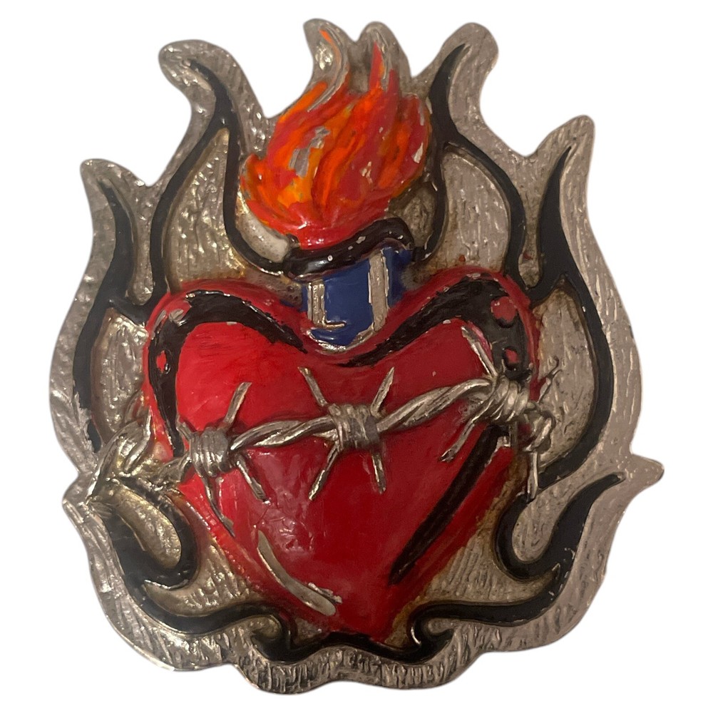 HEAVY METAL MFG. Belt Buckle Flaming Heart Barb Wire Metal Made in USA
