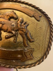 Vintage Western Cowboy Calf Roping Bull Rider Rodeo Nickle Silver Gold Buckle