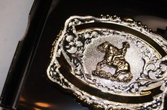 Lightning Ridge Crumrine Western Belt Buckle Trophy Reiner 2 Ribbons 38424