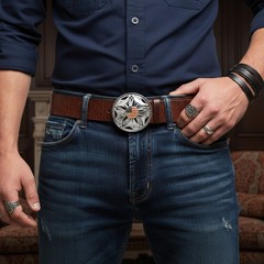 Men Women Silver Metal Belt Buckle Round Spinning USA Flag United States America