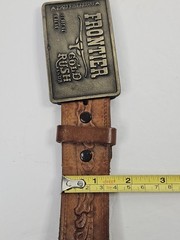 Vintage 80s FRONTIER Gold Rush Club Belt Buckle w/ Embossed Brown Leather Belt