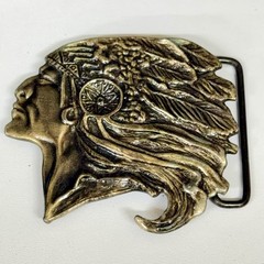Vintage Native American Chief Headdress Belt Buckle Brass Tone Western Boho