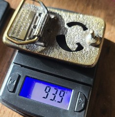 VTG 1983 UNION Carbide Co BELT BUCKLE – 3D Cutout Cat #9 Logo USA Bolt